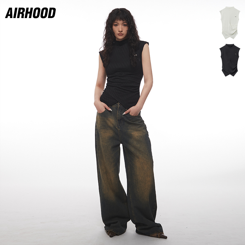 AIRHOOD 欧美修身显瘦半高领无袖背心上衣女设计小心机不规则T恤