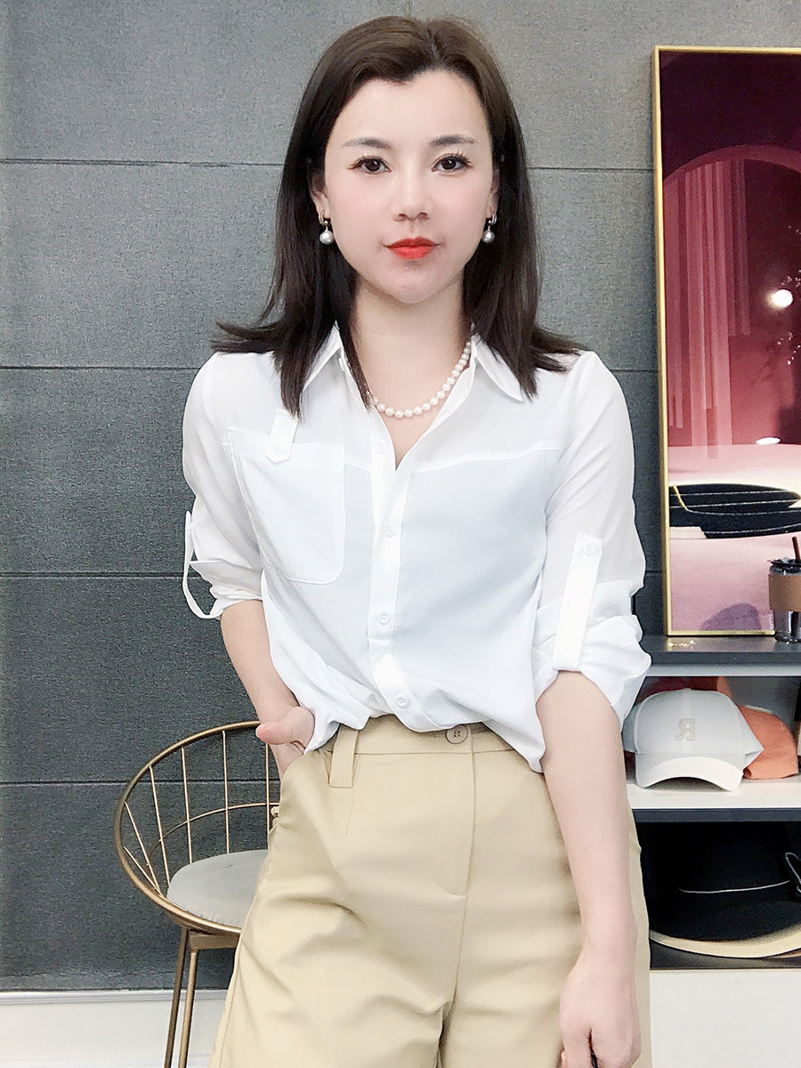等久了秒】时尚百搭女士衬衫纯色中袖衬衫2022春季新款上衣