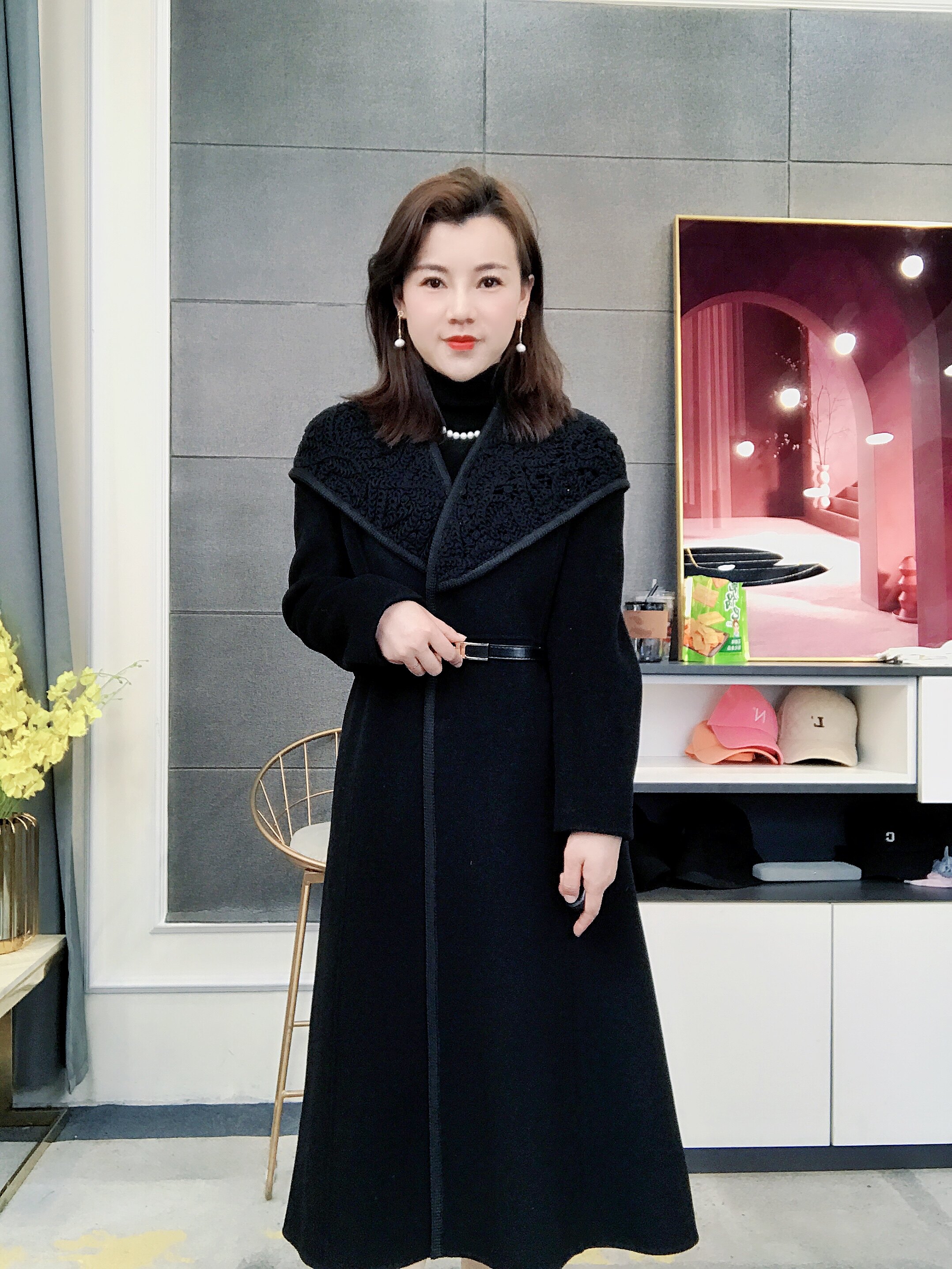 翻领呢子大衣女中长款