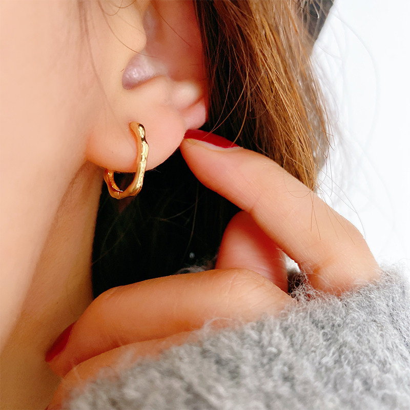 韩国正品10k14k黄金耳环女时尚气质不规则波浪新款素金耳扣潮