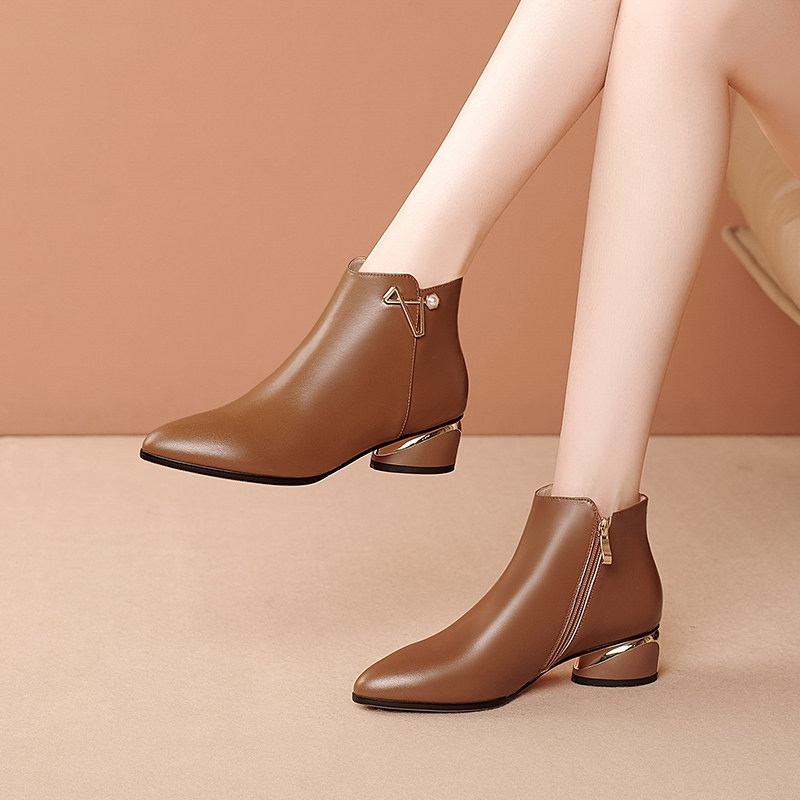 百丽女鞋短靴粗跟_百丽纯爱官方旗舰店女短靴2021新款冬真皮女鞋中跟