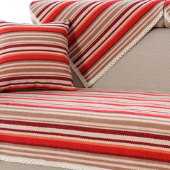 红色条纹棉麻沙发垫坐垫棉麻冬季布艺四季加厚防滑沙发巾简约现代