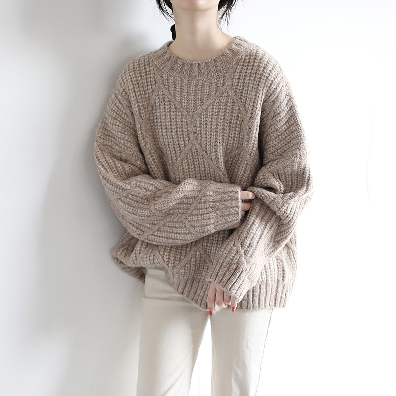 一折粗线麻花毛衣女装_ins冬装韩慵懒风圆领粗线棒针毛衣复古麻花厚实