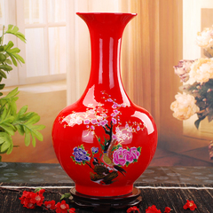 151景德镇陶瓷器落地花瓶 现代 时尚中国红牡丹花瓶家饰客厅摆件