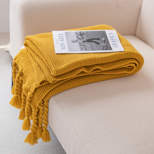 ins姜黄色装饰针织麻花流苏针织沙发客厅午睡空调四季盖腿毯子