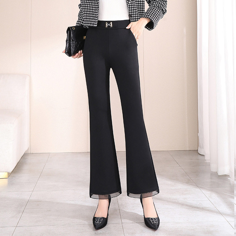 宾利酷堡女裤秋款女裤高腰都市休闲黑色微喇裤微韩版长裤棉松紧腰