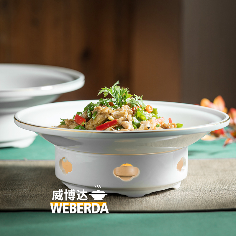 华夏明炉纯白金边陶瓷酒店餐厅加热菜盘干锅精细菜创意特色圆盘