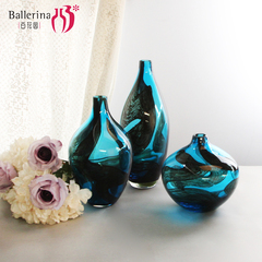 新古典创意玻璃花瓶摆件黑蓝色彩条手工花器家居客厅样板房装饰品