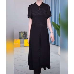 新中式改良旗袍夏季2024年新款遮肉显瘦假两件气质黑色国风连衣裙