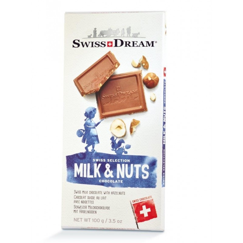 瑞士进口零食礼品Swiss Dream 榛子杏仁夹心牛奶黑巧克力排块100g