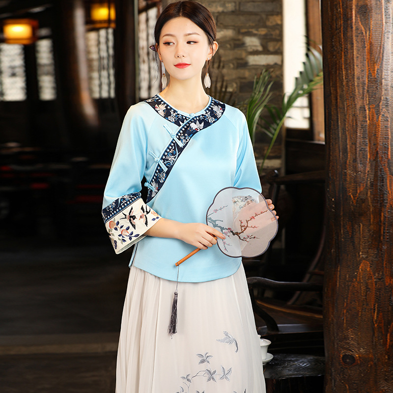 婉约江南风春夏女装两件套民族风刺绣唐装斜襟圆领上衣熟女汉服