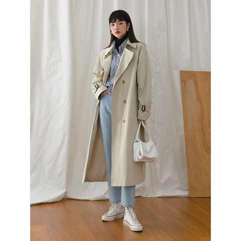 LOVEHEYNEW2020春季女装日系杏色大衣外套过膝流行风衣女中长款