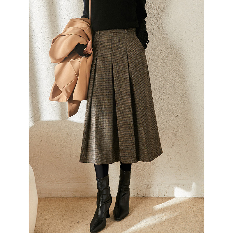 千鸟格磨毛料 北爱尔兰/时髦bella裙 半身裙女秋冬棕色a字百褶裙