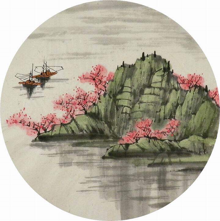 gg纯手绘字画中式客厅办公室装饰画热销无款国画山水画团扇直径42