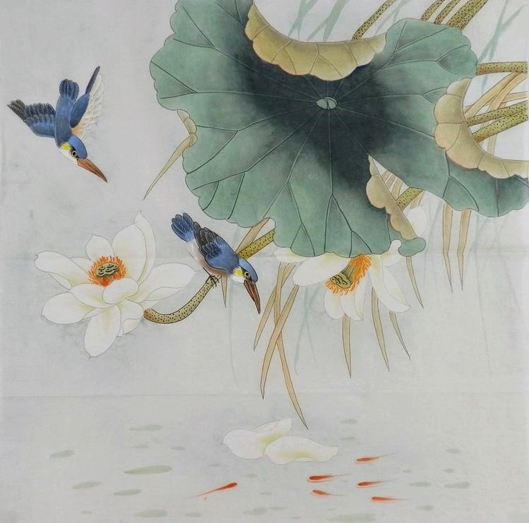 手绘字画装饰画热销yi102851四尺斗方无款国画工笔画花鸟荷花翠鸟