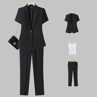 黑色短袖西服外套女夏季薄款职业套装气质酒店前台工作服西装正装