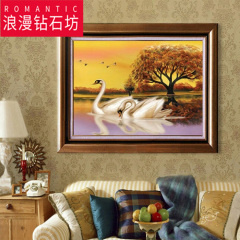 秋景夕阳天鹅方钻满钻钻石画5D十字绣卧室客厅餐厅砖石画钻石绣