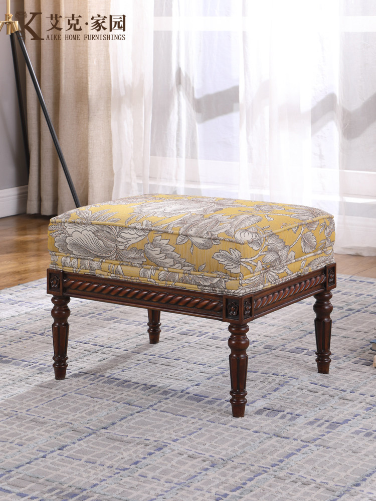 美式客厅沙发凳欧式实木布艺沙发脚踏垫脚凳单人放脚凳搁脚换鞋凳