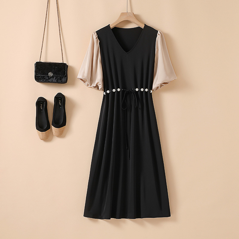 轻奢气质小黑裙 大珍珠抽绳收腰显瘦连衣裙 欧美2024夏季新款女装