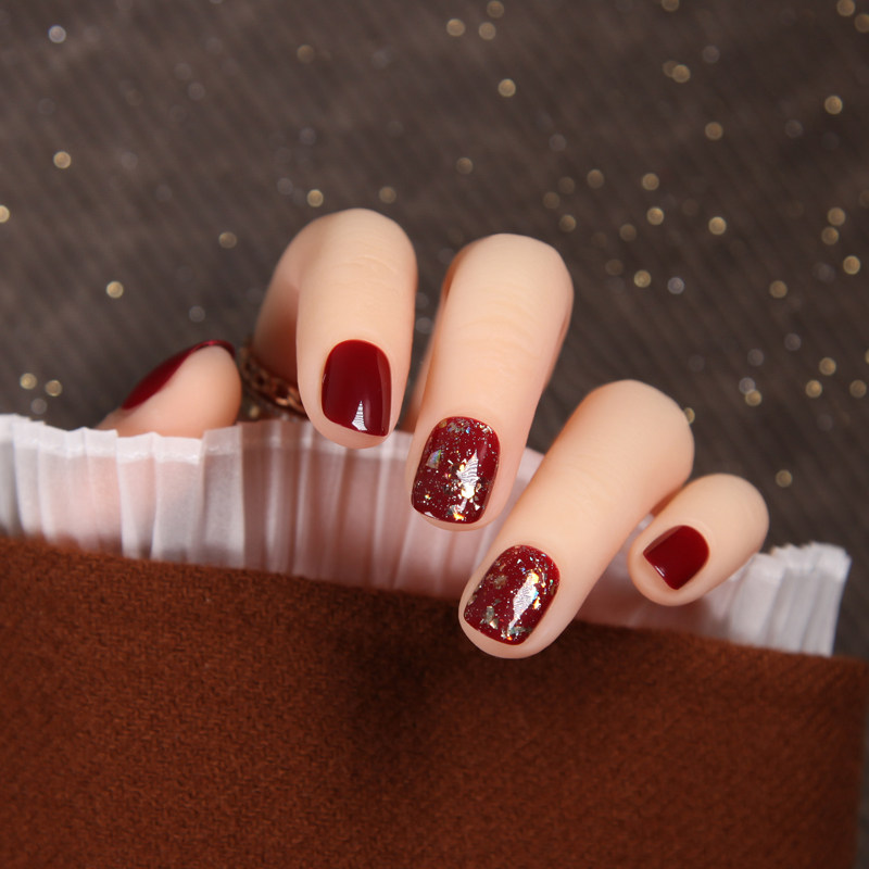 手指甲 光疗_穿戴美甲超闪假指甲贴片显手白光疗短款日系车厘子酒红色