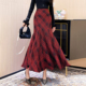 韩衣女王2024春夏设计感时尚红色毛呢高腰修身鱼尾裙包臀裙半身裙
