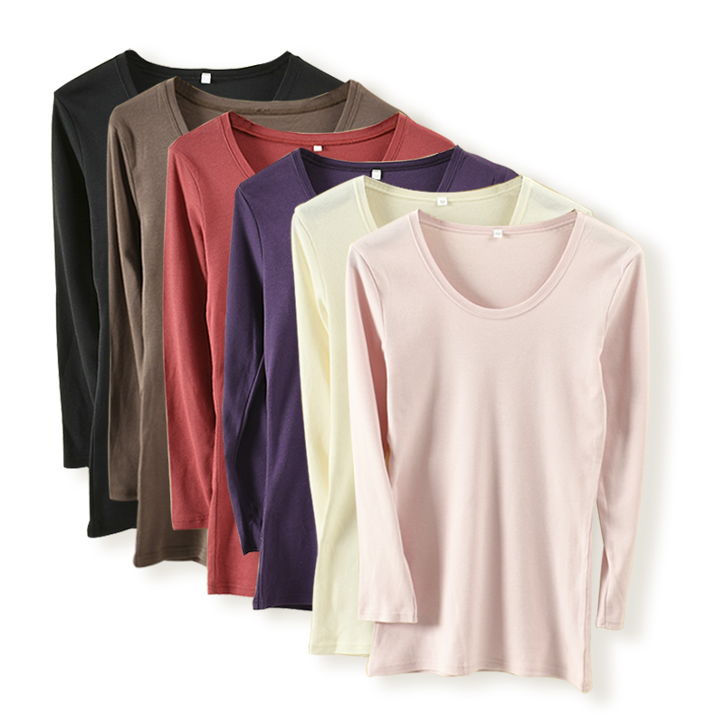 女士纯棉棉毛秋衣 全棉u领打底衫含发热素材八九分袖保暖内衣