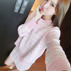 2016秋冬新款韩版千鸟格半身裙 长袖圆领套头t恤粉色两件套套装女