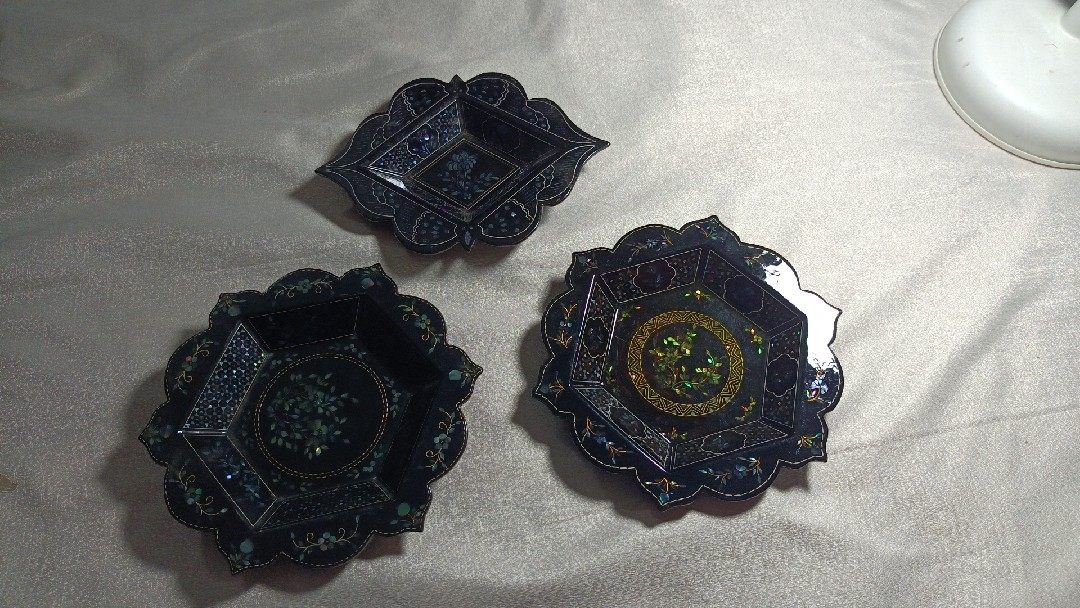 早期60年代左右老漆器复杂手工艺贝壳镶金银丝茶杯托盘