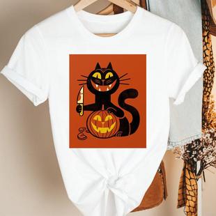 Happy Halloween Tshirt 个性万圣安保南瓜黑猫印花休闲百搭T恤白