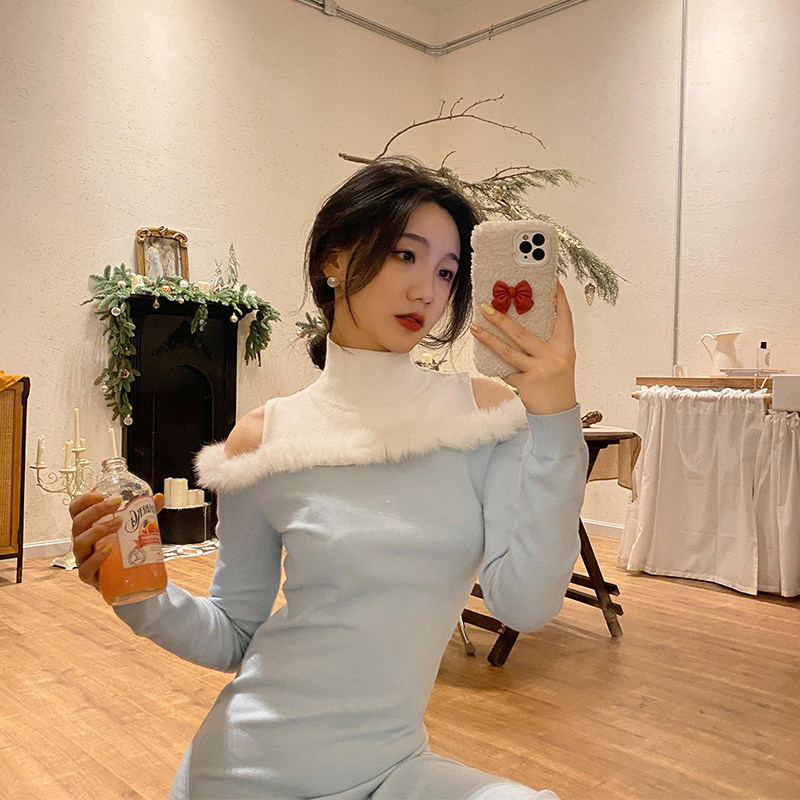 戴大梨儿2021新款法式复古针织连衣裙女百搭小众收腰显瘦露肩裙子