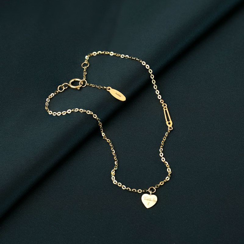 恒蕴叶子纯14k金刻字爱心坠曲别针减龄手链潮女个性ins俏皮脚链