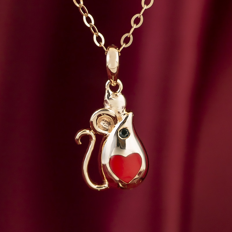恒蕴纯14k黄金吊坠新款本命年女鼠年红心立体生肖金鼠老鼠项链坠