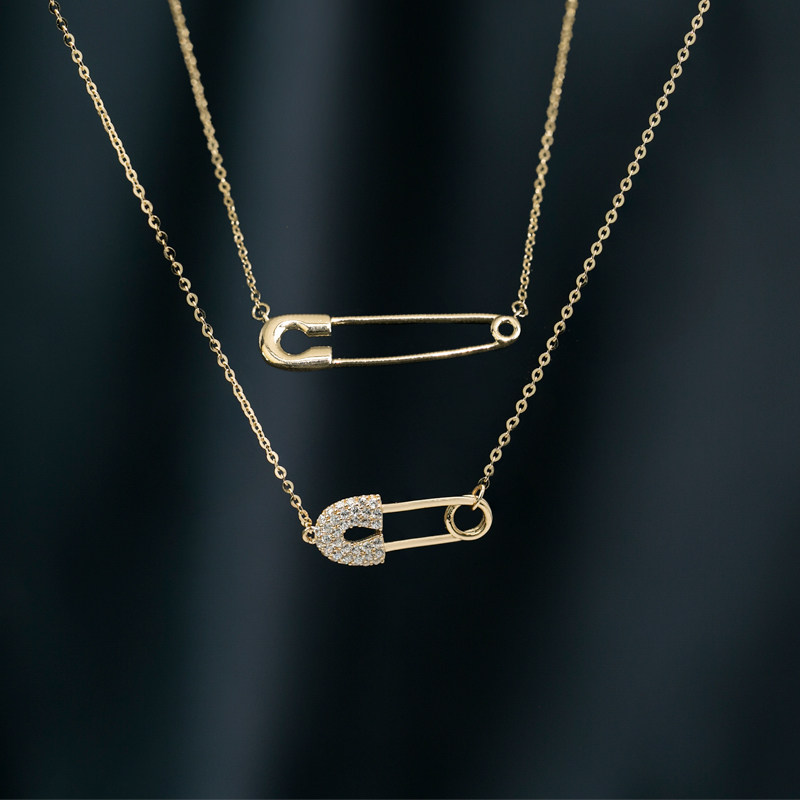 恒蕴叶子14k黄金亮钻镶嵌曲别针锁骨链日韩潮女套链小众设计项链