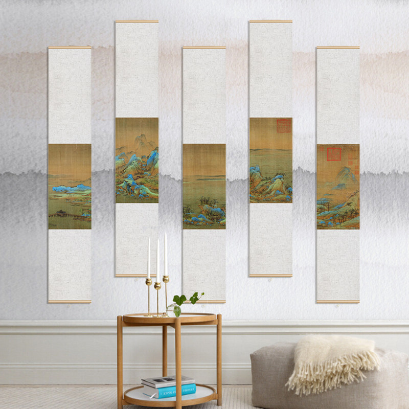 新古典千里江山图卷轴宋王希孟中式茶室样板间客厅书房玄关装饰画