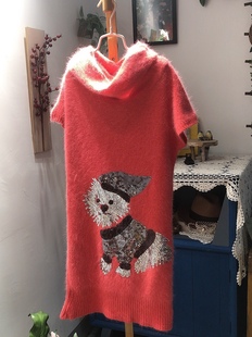 新品 日系桃红可爱卡通小动物少女系安哥拉兔羊毛堆堆领毛衣长裙