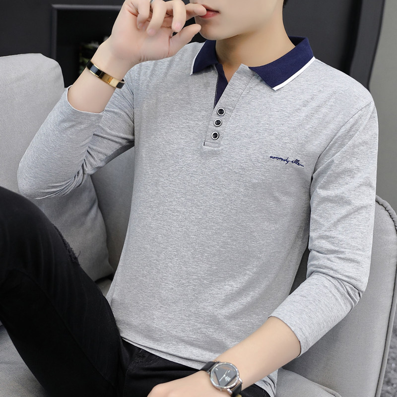 男土秋天带领上衣服长袖t恤男装全纯棉体恤爸爸秋季衫中年商务