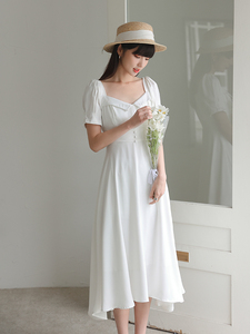 Square neck French satin dress fairy temperament long popular Hepburn style small white dress can be sweet or salty