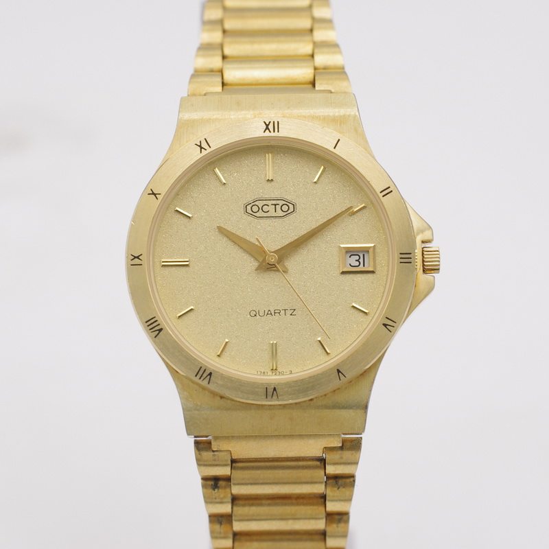 二手手表男_二手库存瑞士原装正品乐都octo镀金超石英男古董老手表