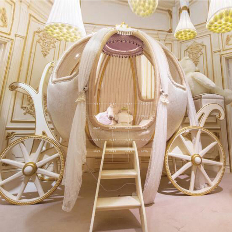 别墅女童欧式奢华实木公主儿童床原木网红法式女孩布艺马车南瓜床