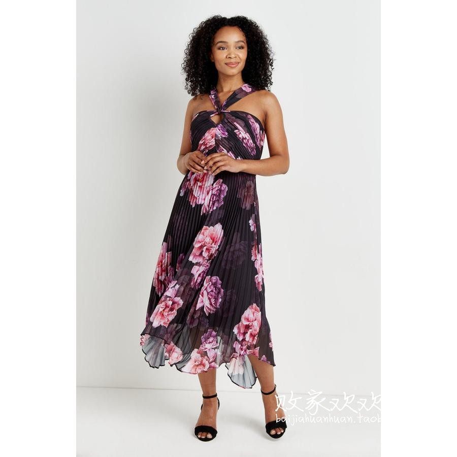 英国代购正品0622名品wallis女装新款挂脖印花长款百搭连衣裙