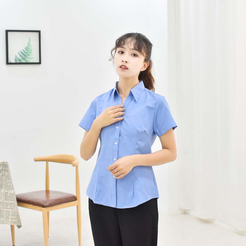 纯蓝衬衫女短袖工作服职业装蓝色长袖衬衣V领制服收腰