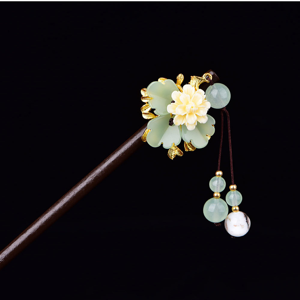 一折玉簪子 发簪 玉石_精品复古典风手工淡绿玉石发簪簪子 古风珠钗