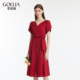 歌莉娅红色连衣裙女夏季新款花瓣袖绝美超好看短袖裙子1C4R4K2NA