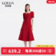歌莉娅红色连衣裙女2024夏季新款短袖方领提花绝美裙子1C4R4K200