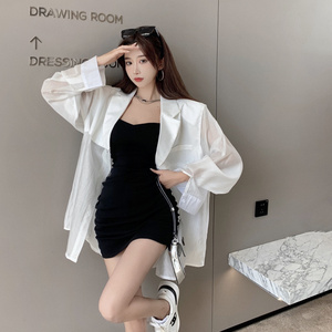 Collar stitched mid length jacket + pleated suspender dress