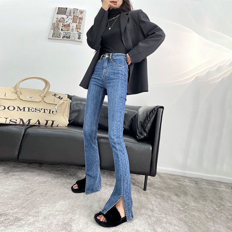 特价微喇裤女牛仔长裤_大长腿侧缝开叉加薄绒微喇牛仔裤女2021新款