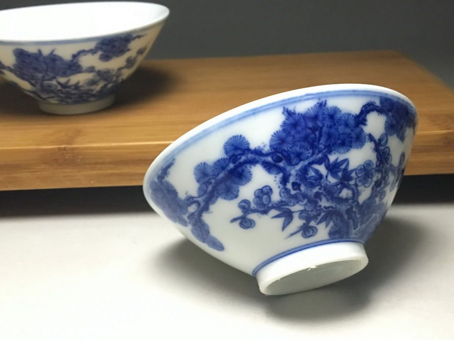 小雅青花 早期经典【岁寒三友】纹 斗笠杯 全品