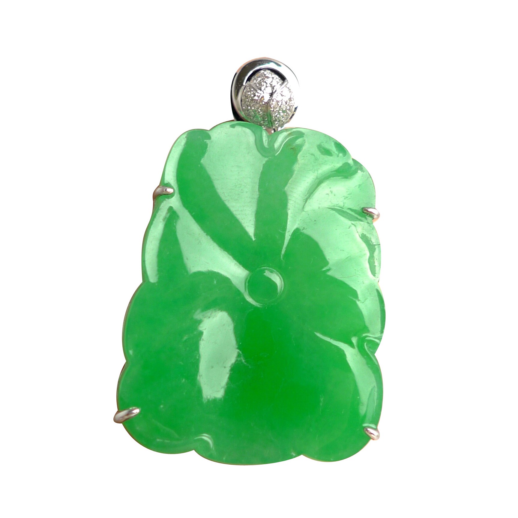 缅甸a货翡翠 18k金镶冰种阳绿翡翠荷叶牌吊坠 19.84g