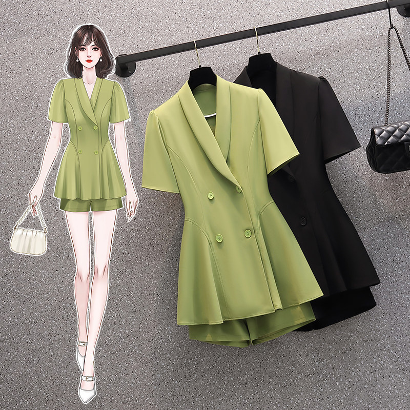PF14944#大码女装气质西装外套女夏季阔腿短裤赫本风两件套套装