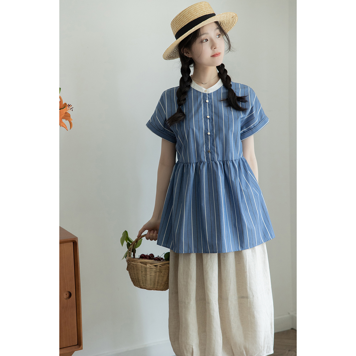 日本小众设计夏季短袖氧气少女感娃娃上衣法式复古竖条纹衬衫女